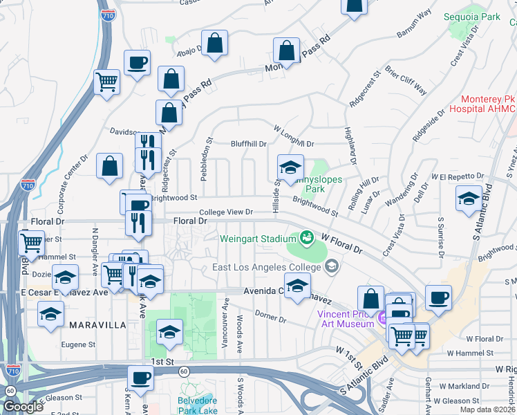 map of restaurants, bars, coffee shops, grocery stores, and more near 1861 College View Drive in Monterey Park