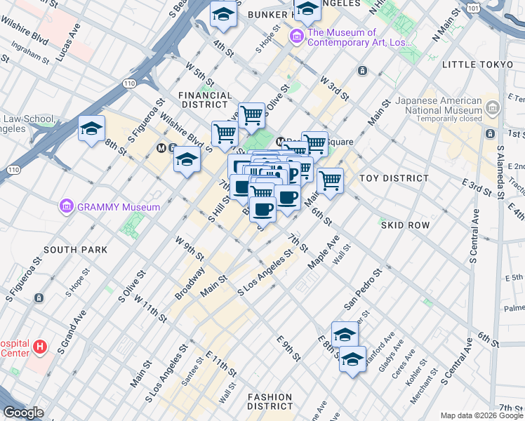 map of restaurants, bars, coffee shops, grocery stores, and more near 640 South Broadway in Los Angeles