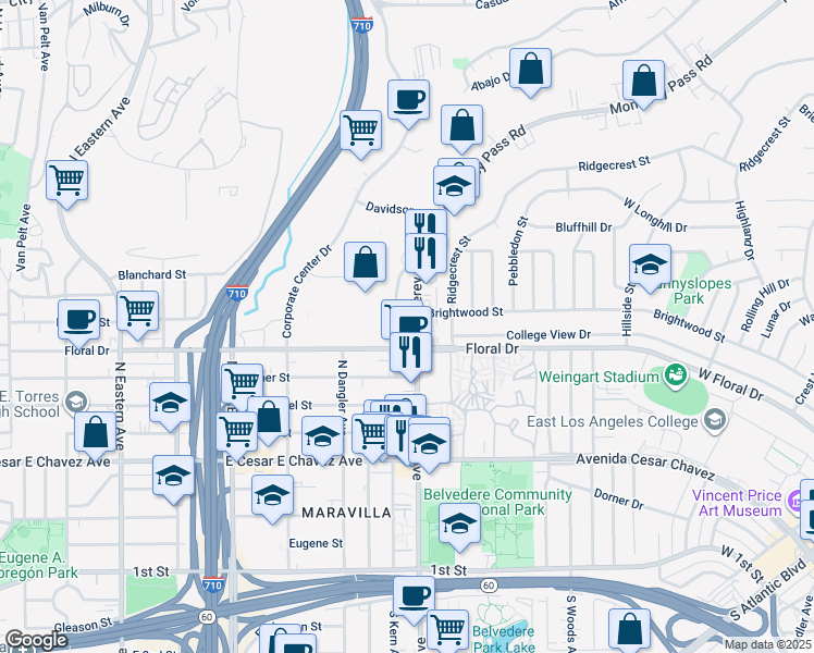 map of restaurants, bars, coffee shops, grocery stores, and more near 1455 Monterey Pass Road in Monterey Park