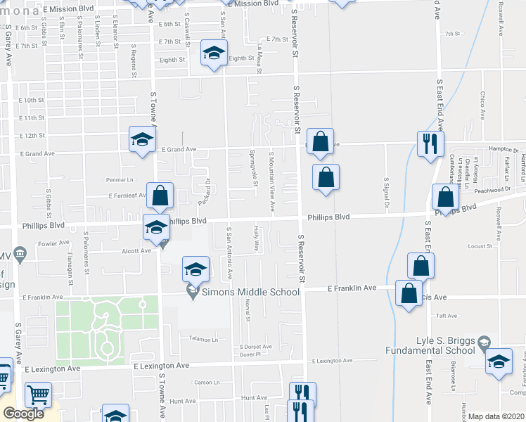 map of restaurants, bars, coffee shops, grocery stores, and more near 1095 East Phillips Boulevard in Pomona