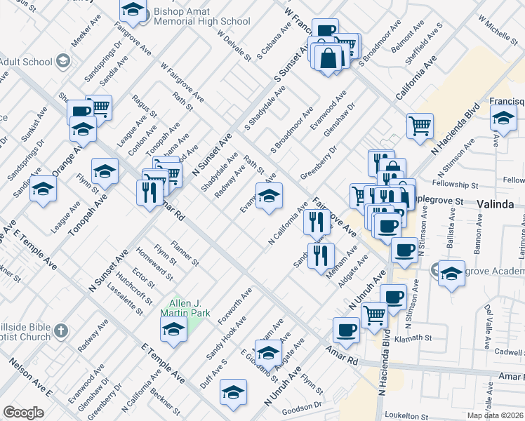 map of restaurants, bars, coffee shops, grocery stores, and more near 14818 Dancer Street in La Puente