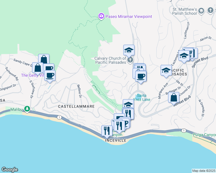 map of restaurants, bars, coffee shops, grocery stores, and more near 467 Paseo Miramar in Los Angeles