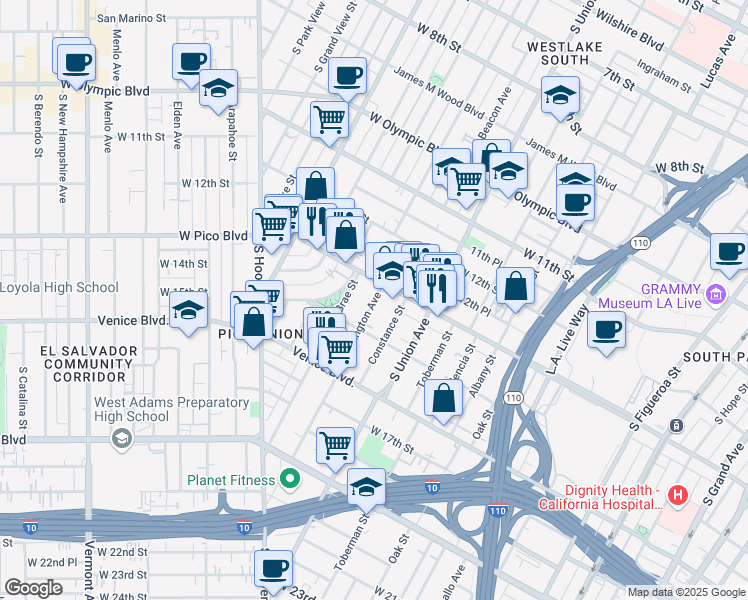 map of restaurants, bars, coffee shops, grocery stores, and more near 1810 West Pico Boulevard in Los Angeles