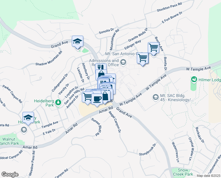 map of restaurants, bars, coffee shops, grocery stores, and more near 1100 North Grand Avenue in Walnut