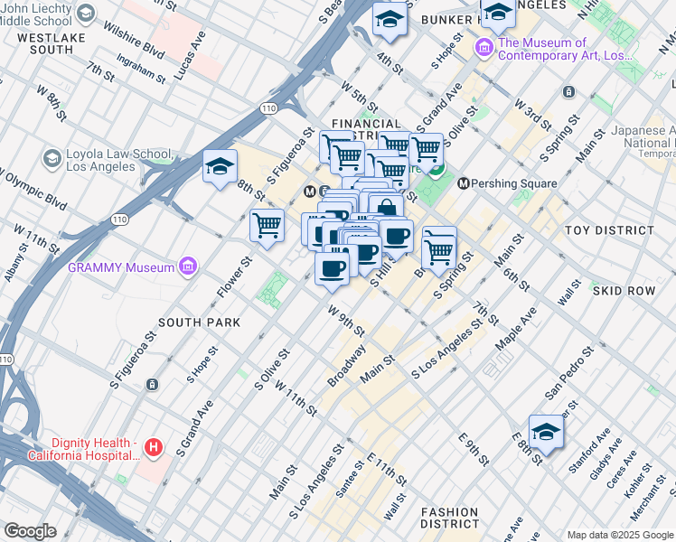 map of restaurants, bars, coffee shops, grocery stores, and more near 801 South Olive Street in Los Angeles
