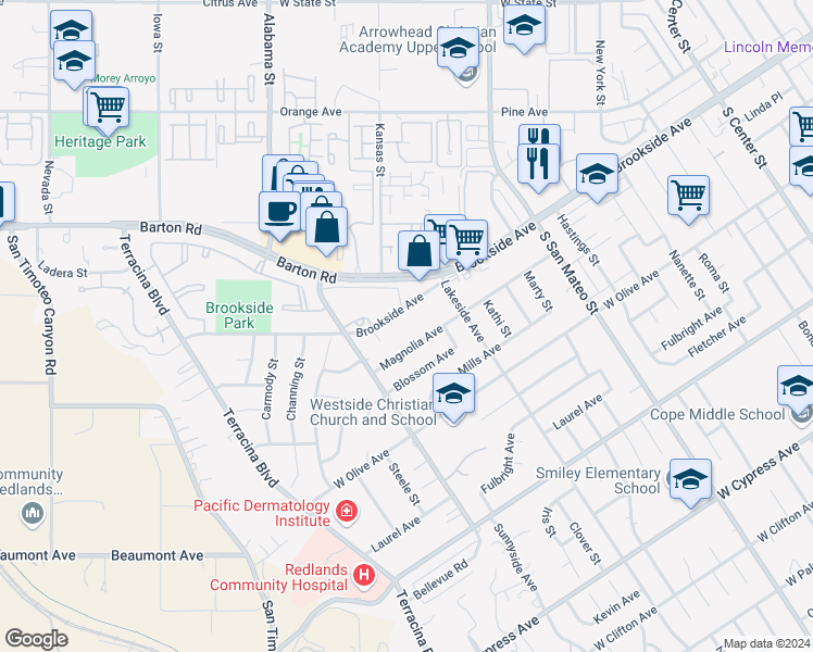 map of restaurants, bars, coffee shops, grocery stores, and more near 1319 Brookside Ave in Redlands
