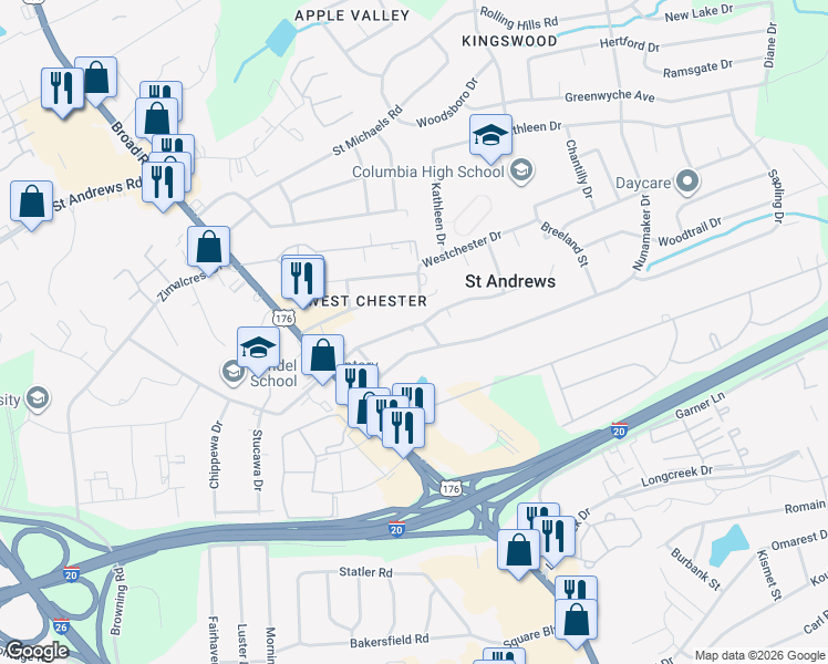 map of restaurants, bars, coffee shops, grocery stores, and more near 1344 Young Drive in Columbia