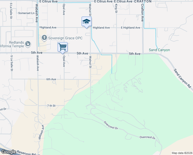 map of restaurants, bars, coffee shops, grocery stores, and more near 11489 Walnut Street in Redlands