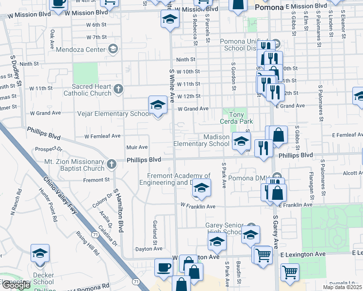 map of restaurants, bars, coffee shops, grocery stores, and more near 1452 South White Avenue in Pomona