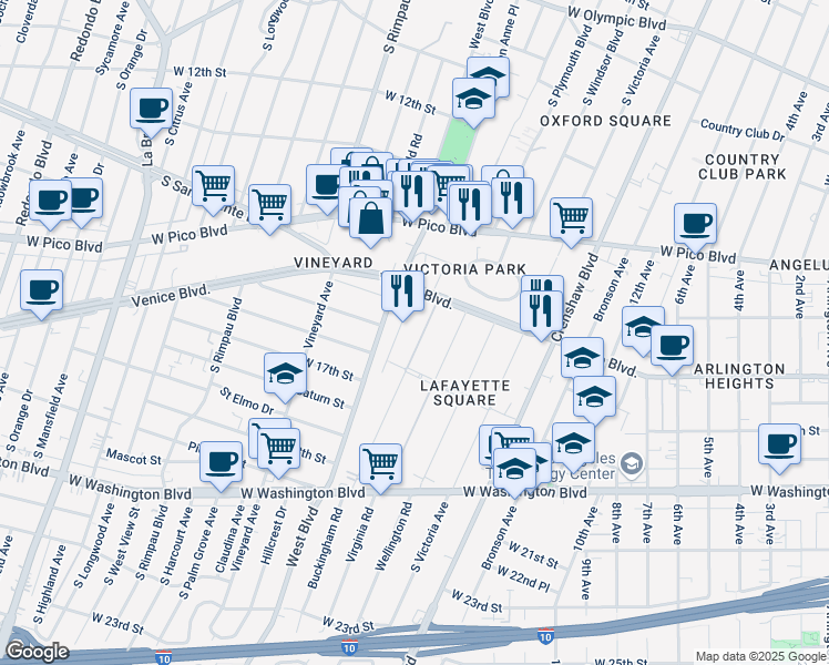 map of restaurants, bars, coffee shops, grocery stores, and more near 1643 Buckingham Road in Los Angeles
