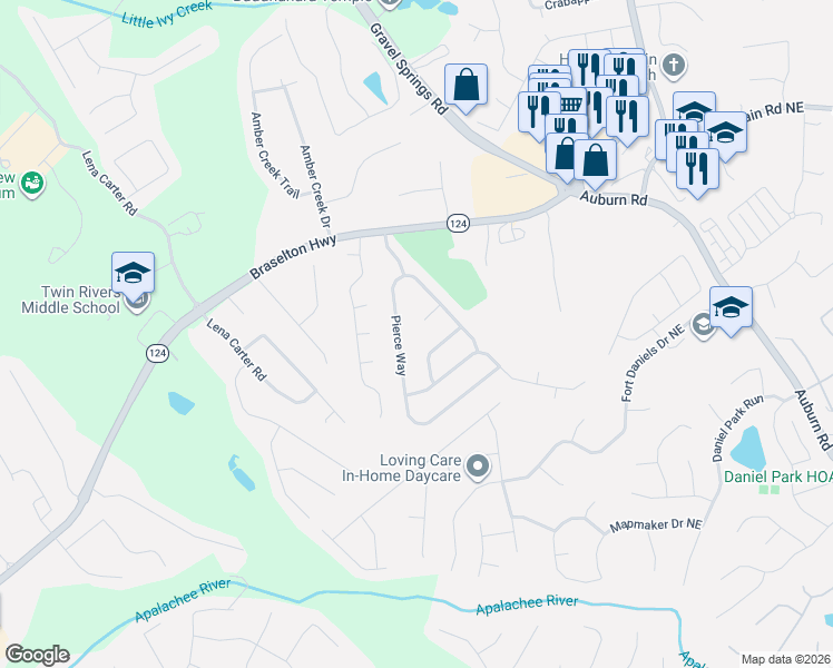 map of restaurants, bars, coffee shops, grocery stores, and more near 2610 Betty Drive Northeast in Buford