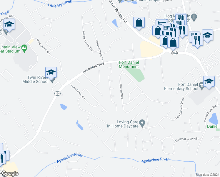 map of restaurants, bars, coffee shops, grocery stores, and more near Morgans Run Trail in Buford