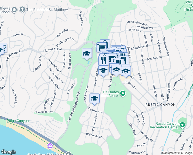 map of restaurants, bars, coffee shops, grocery stores, and more near Bowdoin St & Haverford Ave in Los Angeles
