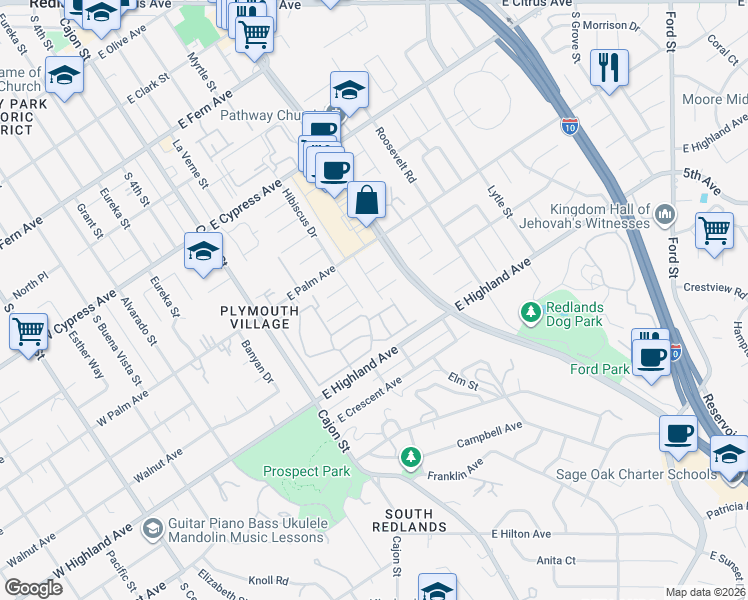 map of restaurants, bars, coffee shops, grocery stores, and more near 826 La Paloma Street in Redlands