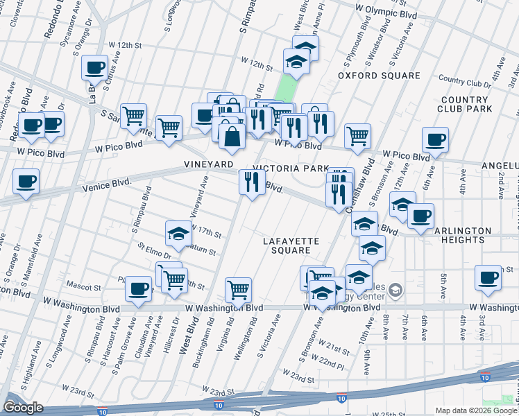 map of restaurants, bars, coffee shops, grocery stores, and more near 1643 Buckingham Road in Los Angeles