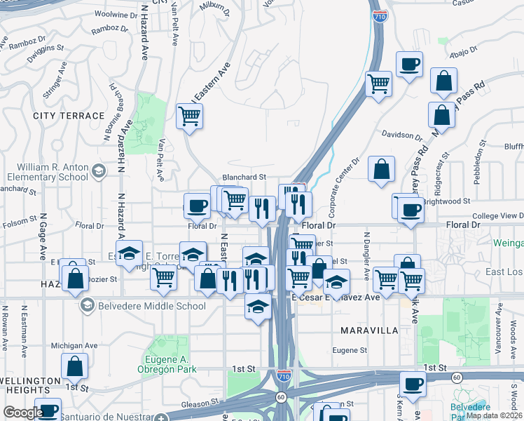 map of restaurants, bars, coffee shops, grocery stores, and more near 4370 Folsom Street in East Los Angeles