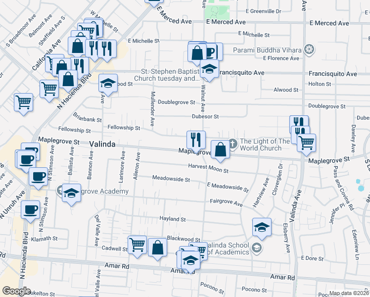 map of restaurants, bars, coffee shops, grocery stores, and more near 15937 Maplegrove Street in La Puente