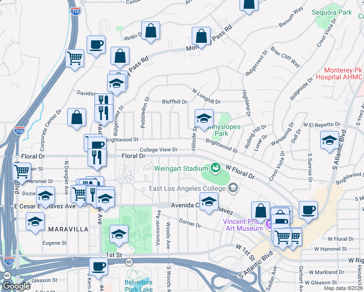 map of restaurants, bars, coffee shops, grocery stores, and more near 1861 College View Drive in Monterey Park