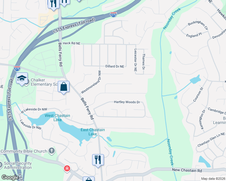 map of restaurants, bars, coffee shops, grocery stores, and more near 3842 Crestmore Drive Northeast in Kennesaw