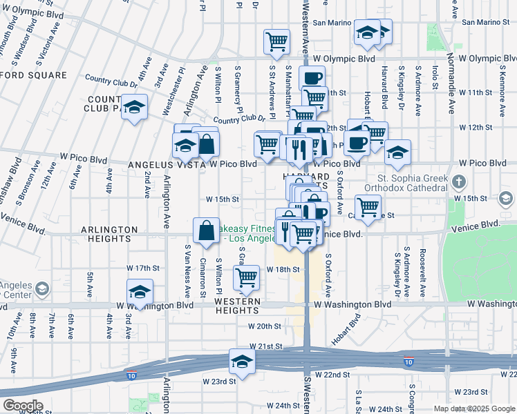 map of restaurants, bars, coffee shops, grocery stores, and more near 1511 South Saint Andrews Place in Los Angeles