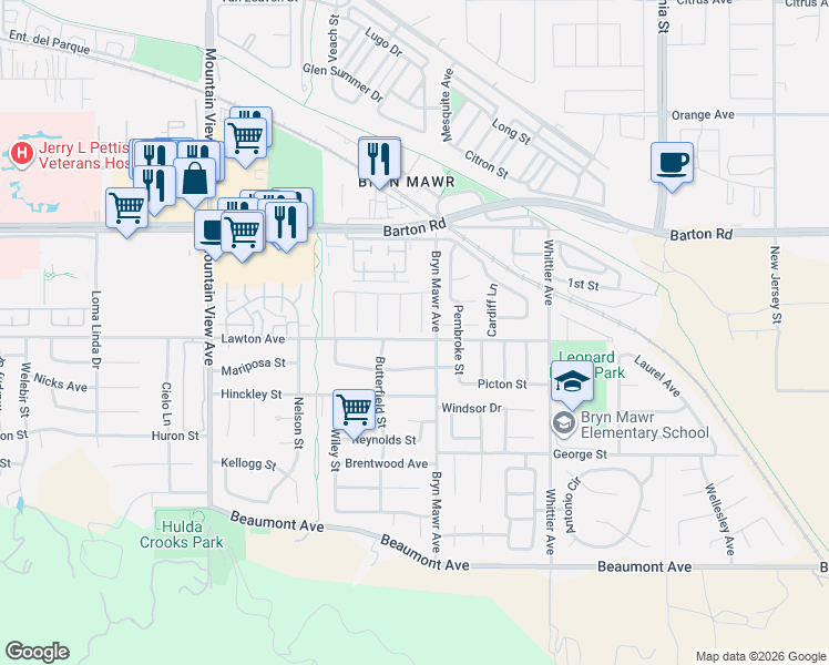 map of restaurants, bars, coffee shops, grocery stores, and more near 11456 Via-Lido in Loma Linda