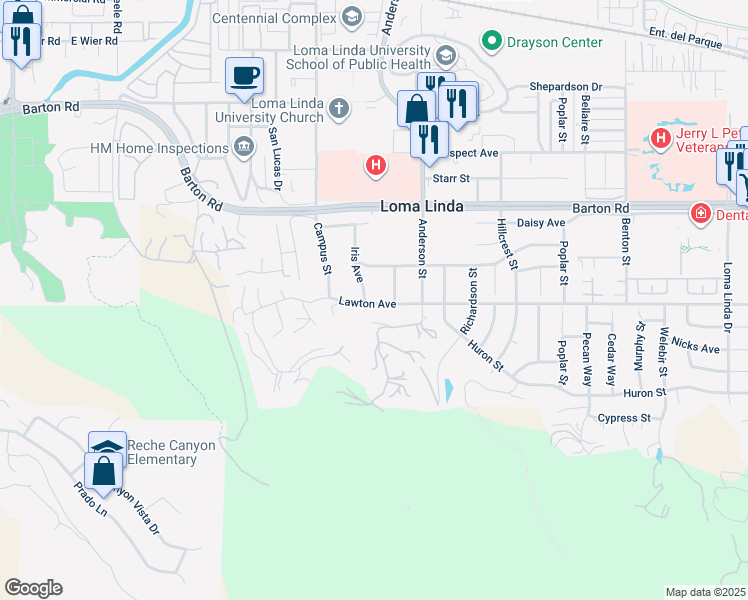 map of restaurants, bars, coffee shops, grocery stores, and more near 11472 Aster Street in Loma Linda