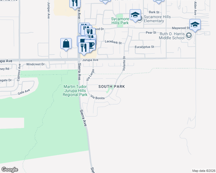 map of restaurants, bars, coffee shops, grocery stores, and more near 17146 La Vesu Road in Fontana