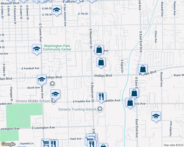 map of restaurants, bars, coffee shops, grocery stores, and more near 1454 South Reservoir Street in Pomona