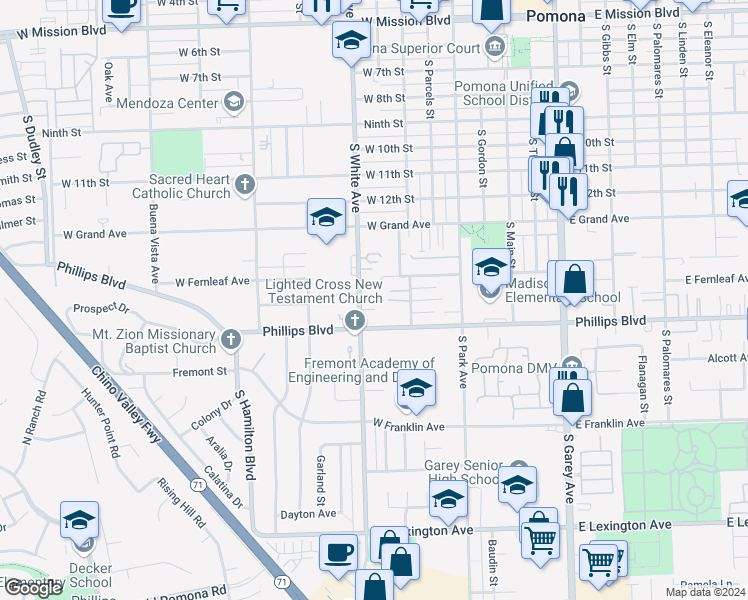 map of restaurants, bars, coffee shops, grocery stores, and more near 760 West Fernleaf Avenue in Pomona