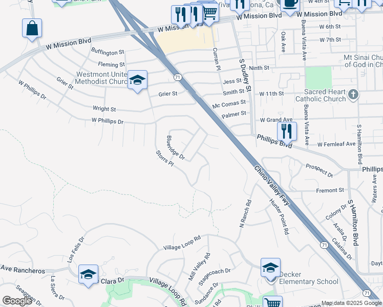 map of restaurants, bars, coffee shops, grocery stores, and more near 1222 Sequoia Glen in Pomona
