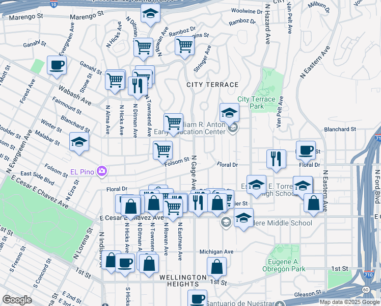 map of restaurants, bars, coffee shops, grocery stores, and more near Ramboz Drive in Los Angeles