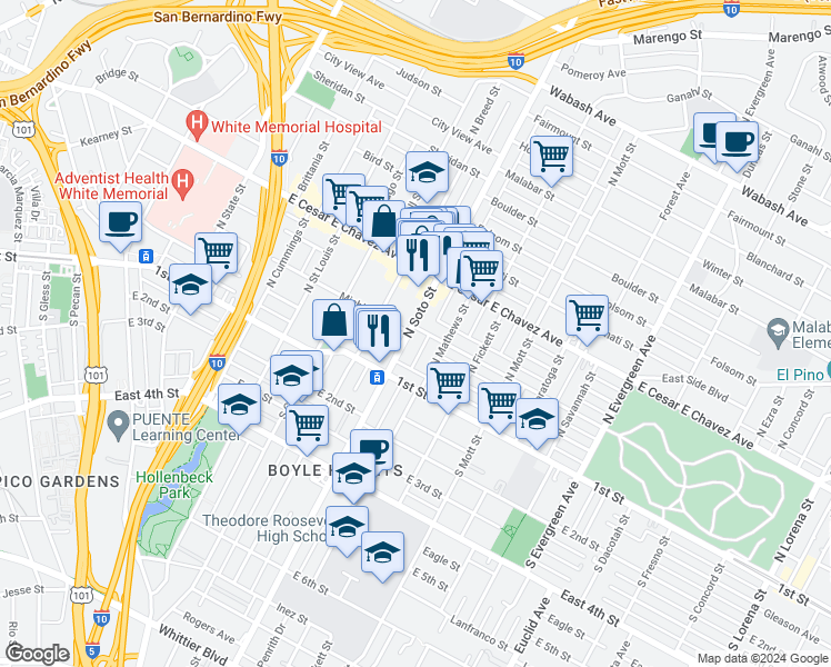 map of restaurants, bars, coffee shops, grocery stores, and more near 215 North Soto Street in Los Angeles