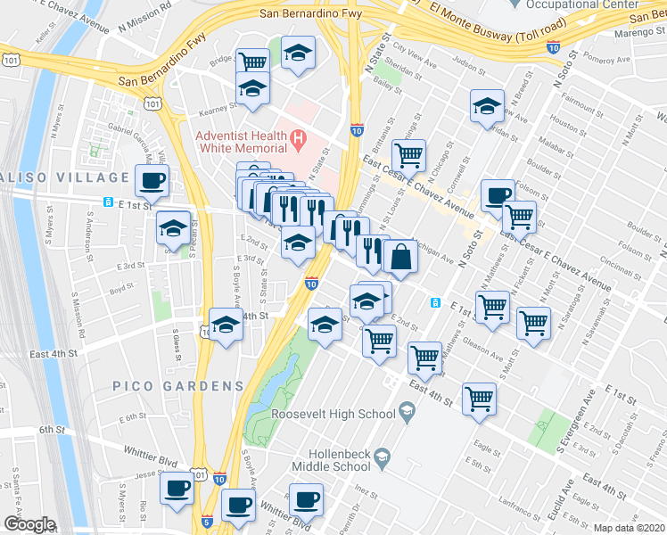map of restaurants, bars, coffee shops, grocery stores, and more near in Los Angeles
