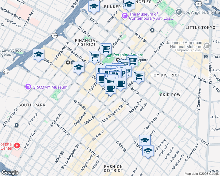 map of restaurants, bars, coffee shops, grocery stores, and more near 640 South Broadway in Los Angeles