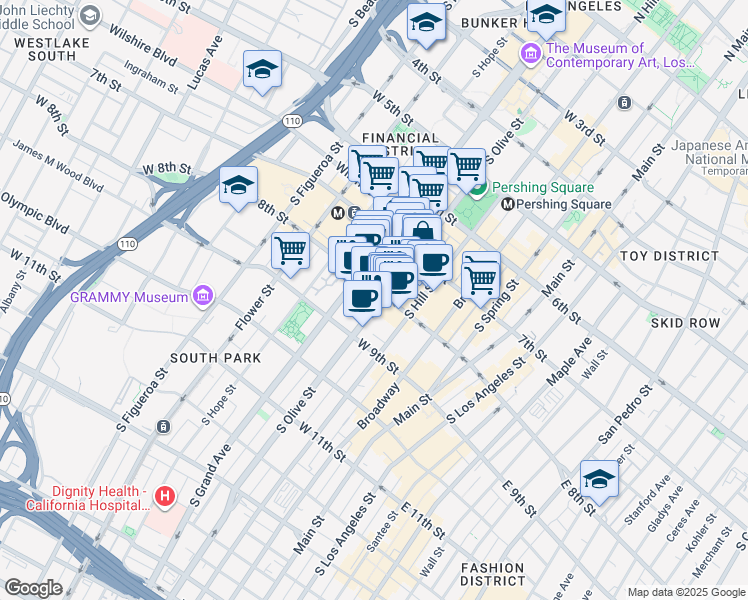 map of restaurants, bars, coffee shops, grocery stores, and more near 770 South Grand Avenue in Los Angeles