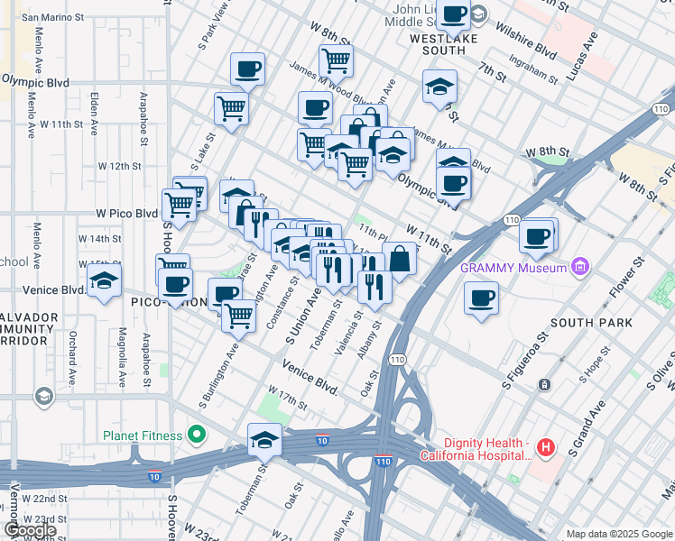 map of restaurants, bars, coffee shops, grocery stores, and more near 1257 South Union Avenue in Los Angeles