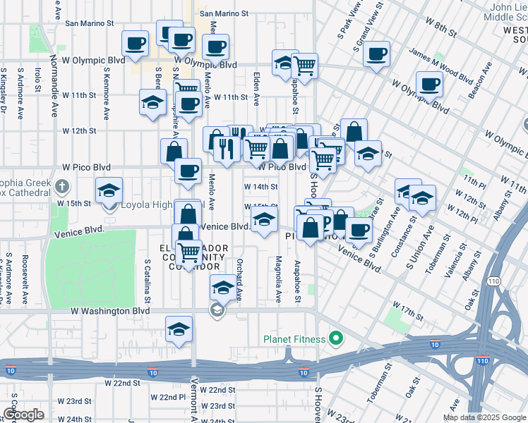 map of restaurants, bars, coffee shops, grocery stores, and more near 2215 West 15th Street in Los Angeles