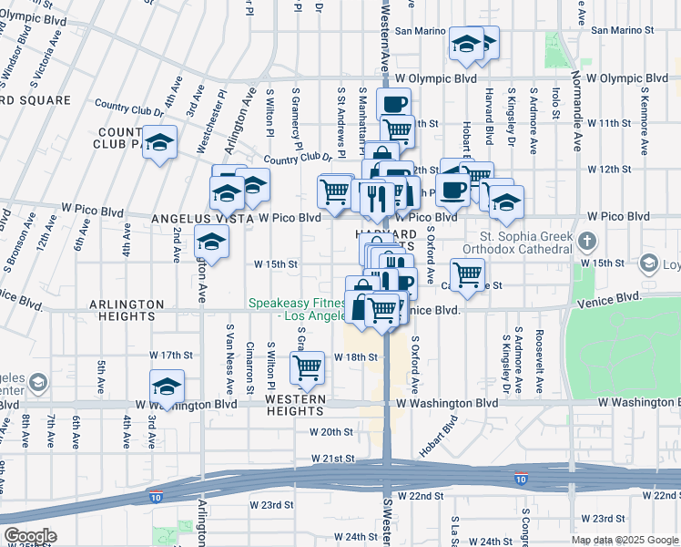 map of restaurants, bars, coffee shops, grocery stores, and more near 1422 South Saint Andrews Place in Los Angeles