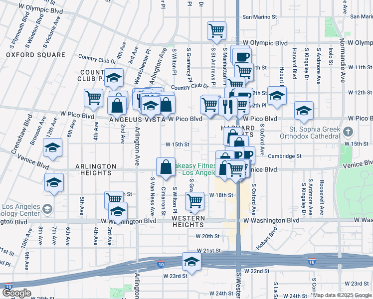 map of restaurants, bars, coffee shops, grocery stores, and more near 1422 South Wilton Place in Los Angeles