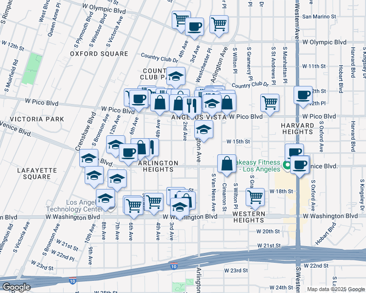 map of restaurants, bars, coffee shops, grocery stores, and more near 1513 2nd Avenue in Los Angeles