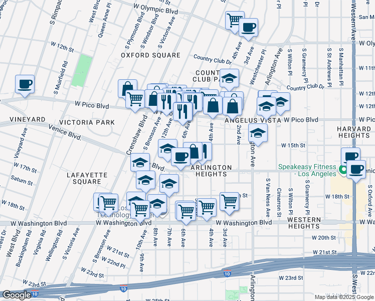 map of restaurants, bars, coffee shops, grocery stores, and more near 3511 West 15th Street in Los Angeles