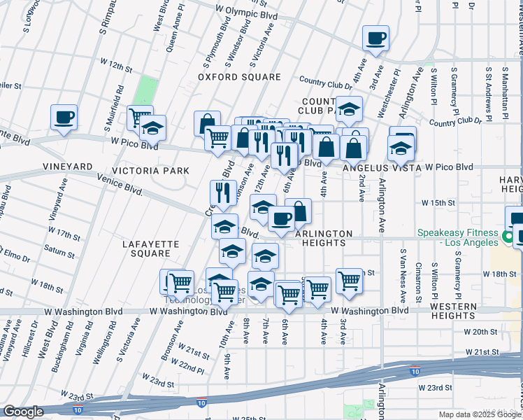 map of restaurants, bars, coffee shops, grocery stores, and more near 1428 South Norton Avenue in Los Angeles