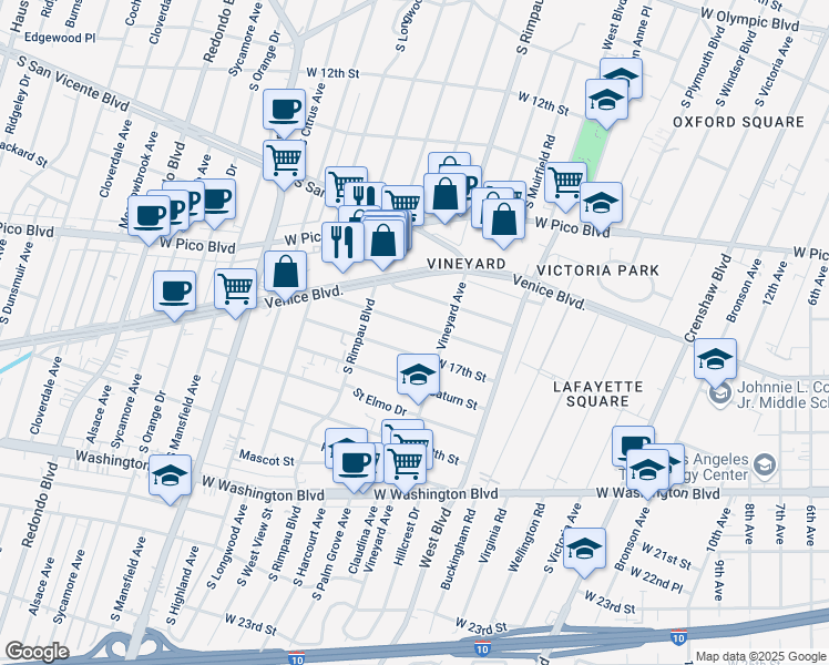 map of restaurants, bars, coffee shops, grocery stores, and more near 4703 Saint Charles Place in Los Angeles