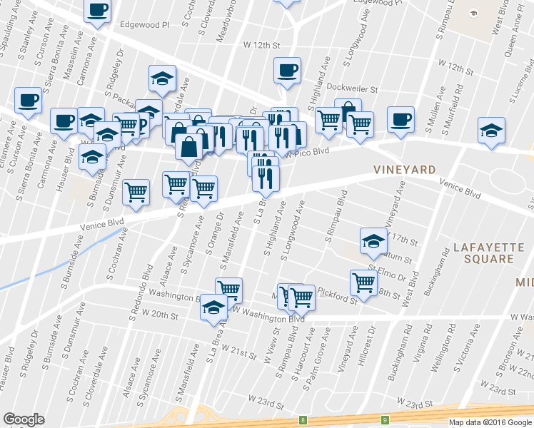 map of restaurants, bars, coffee shops, grocery stores, and more near in Los Angeles