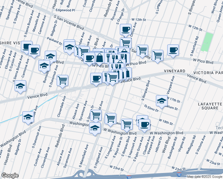 map of restaurants, bars, coffee shops, grocery stores, and more near in Los Angeles
