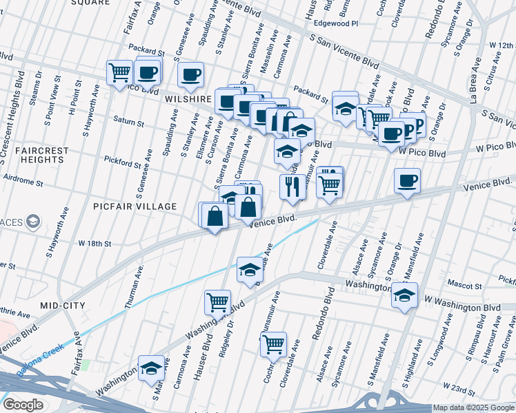 map of restaurants, bars, coffee shops, grocery stores, and more near 1558 Hauser Boulevard in Los Angeles