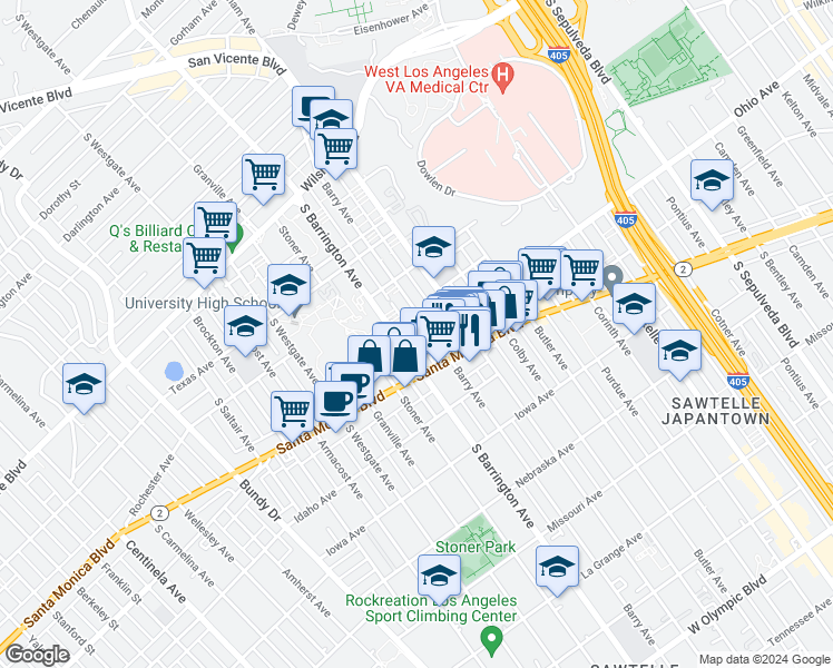 map of restaurants, bars, coffee shops, grocery stores, and more near 1443 Barry Avenue in Los Angeles