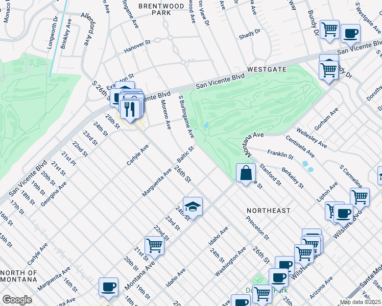 map of restaurants, bars, coffee shops, grocery stores, and more near 609 South Burlingame Avenue in Los Angeles