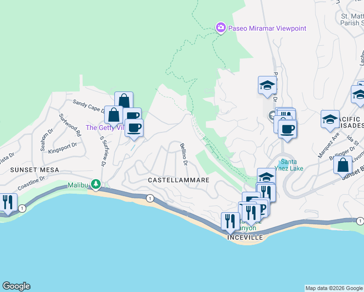 map of restaurants, bars, coffee shops, grocery stores, and more near 336 Bellino Drive in Los Angeles