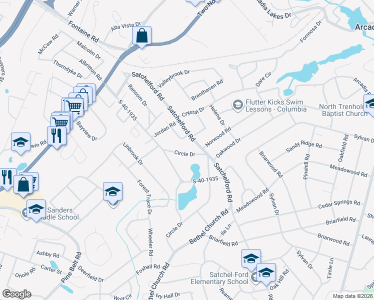 map of restaurants, bars, coffee shops, grocery stores, and more near 6515 Satchelford Road in Columbia